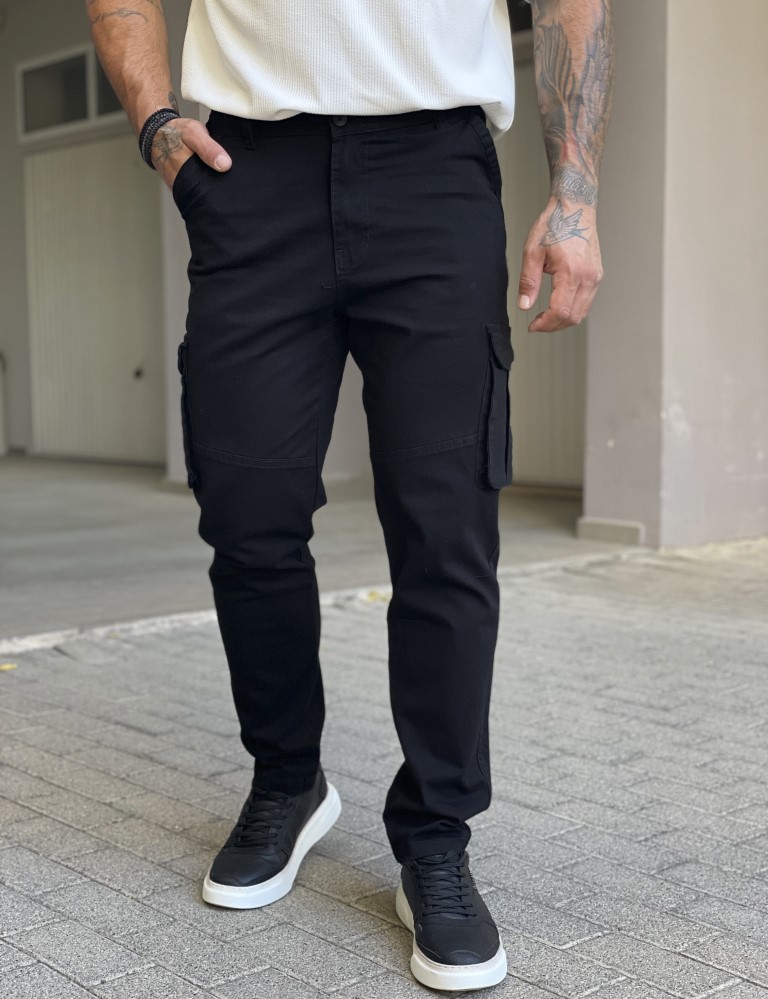 Ανδρικό cargo μαύρο παντελόνι υφασμάτινο ίσιο BC37912 φωτογραφία